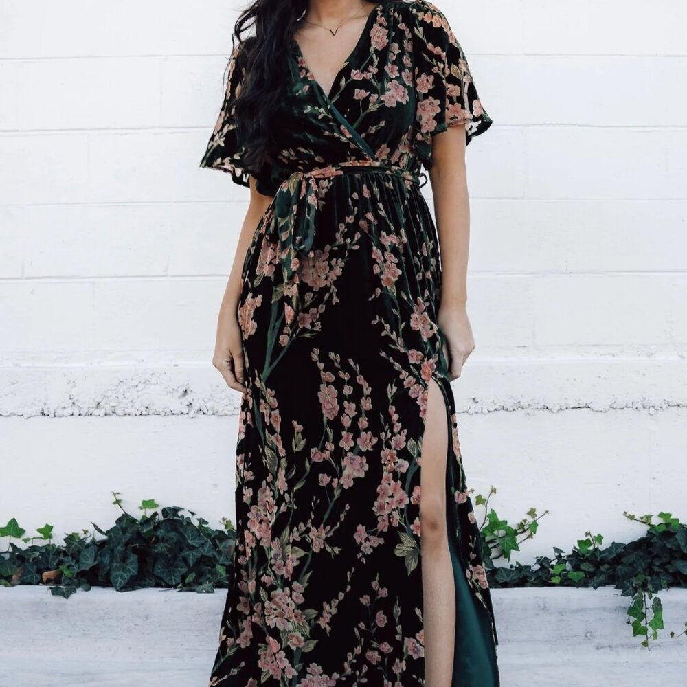 Baltic Born Uma Velvet Maxi Dress in Green Floral